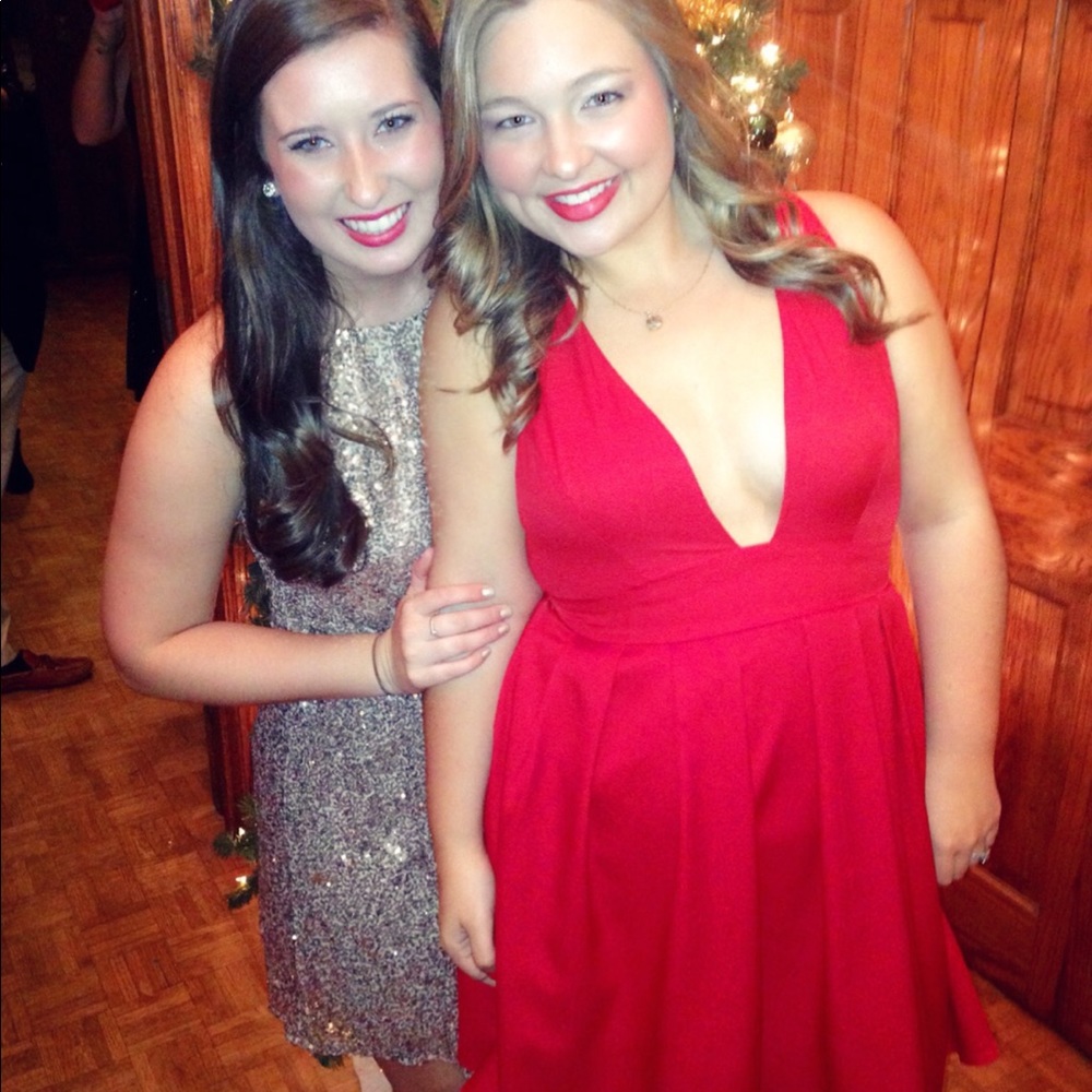 Red deep v fit and flare dress!
